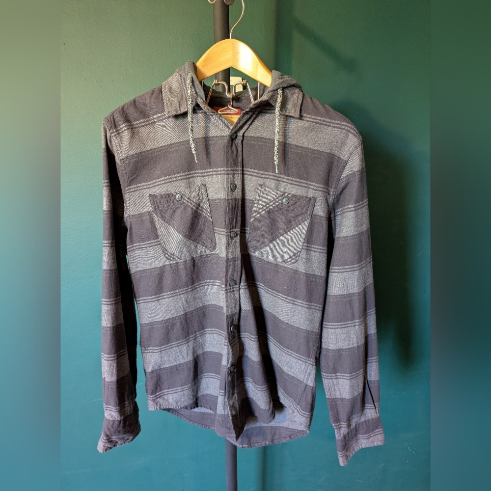 Men's Arizona Jean Co. Hooded Black/Gray Button Down Flannel Shirt, Size S